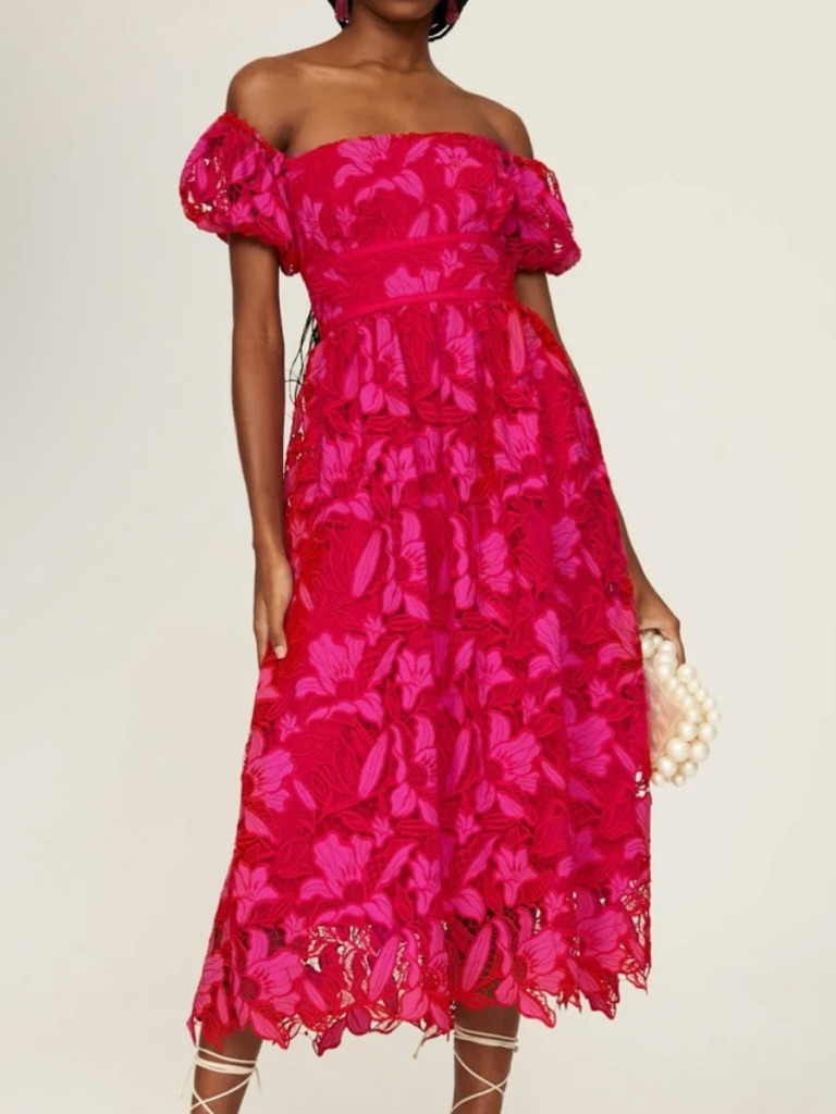 Monique Lhuillier Hot Pink Floral Off-Shoulder Midi Dress